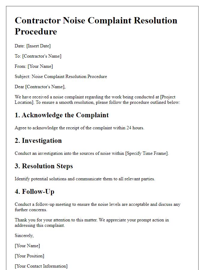 Letter template of Contractor Noise Complaint Resolution Procedure