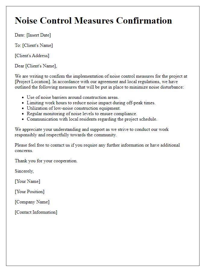 Letter template of Contractor Noise Control Measures Confirmation