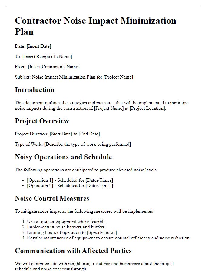 Letter template of Contractor Noise Impact Minimization Plan