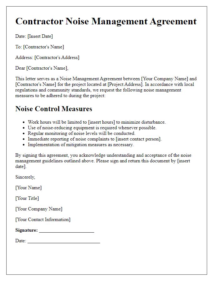 Letter template of Contractor Noise Management Agreement