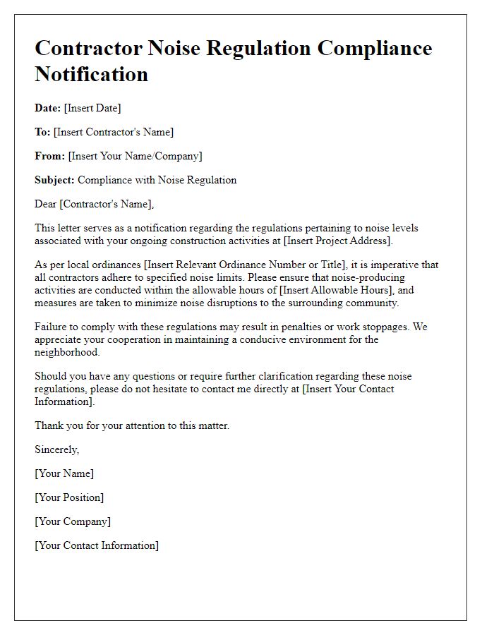 Letter template of Contractor Noise Regulation Compliance Notification