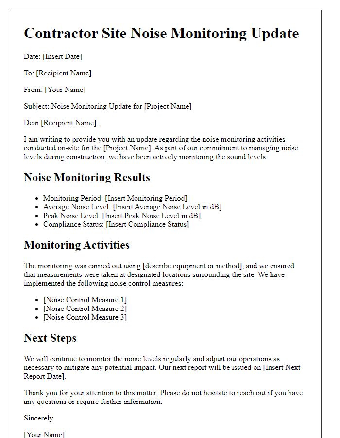 Letter template of Contractor Site Noise Monitoring Update