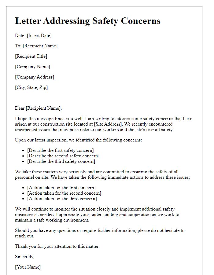 Letter template of contractor addressing safety concerns from surprise site issues.