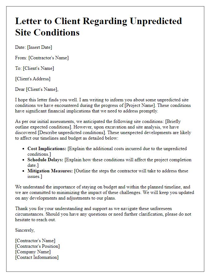 Letter template of contractor explaining the financial implications of unpredicted site conditions.