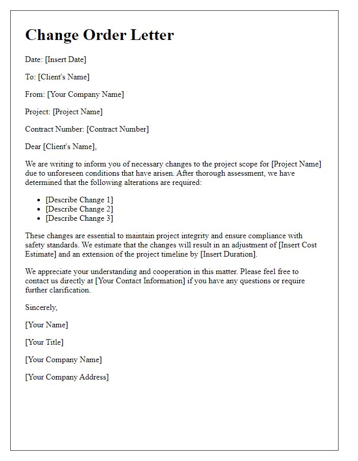 Letter template of contractor outlining changes in project scope due to unforeseen conditions.