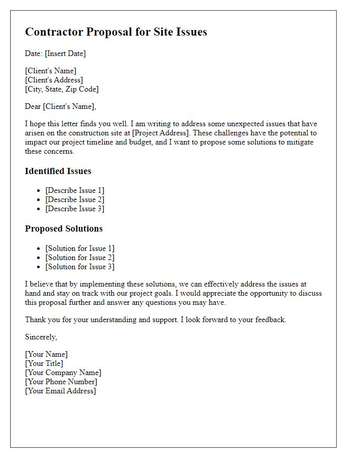 Letter template of contractor proposing solutions for unexpected site issues.