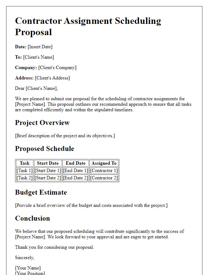 Letter template of contractor assignment scheduling proposal