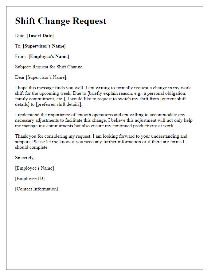 Letter template of contractor employee shift request