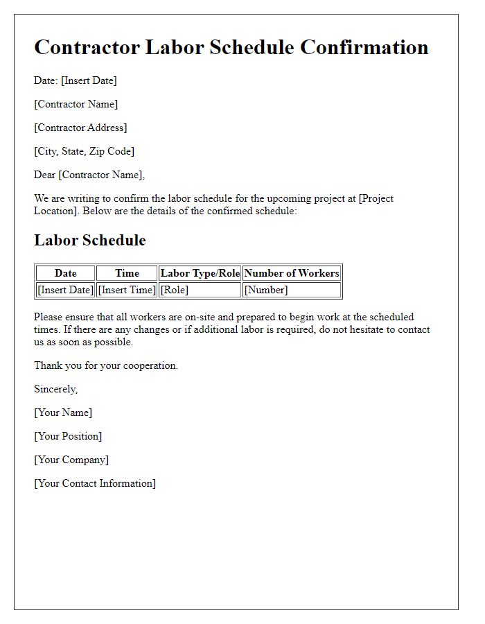 Letter template of contractor labor schedule confirmation