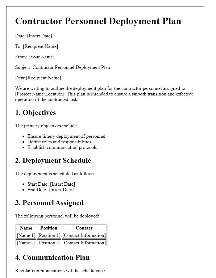 Letter template of contractor personnel deployment plan