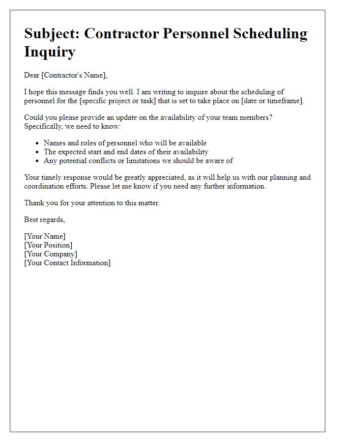 Letter template of contractor personnel scheduling inquiry