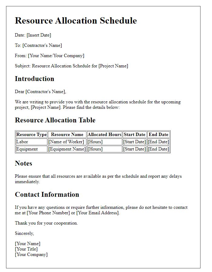 Letter template of contractor resource allocation schedule