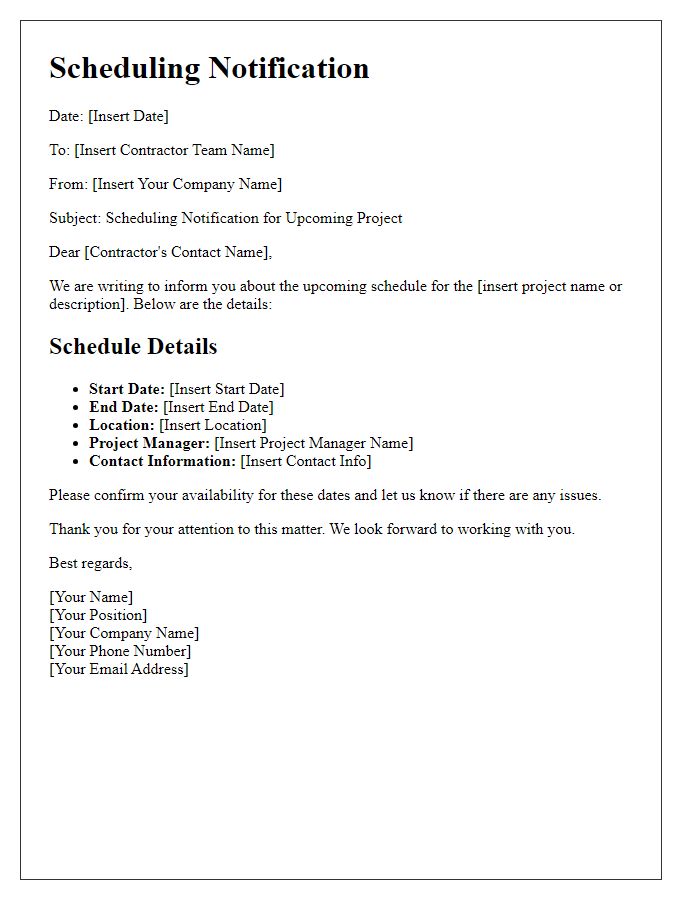 Letter template of contractor team scheduling notification