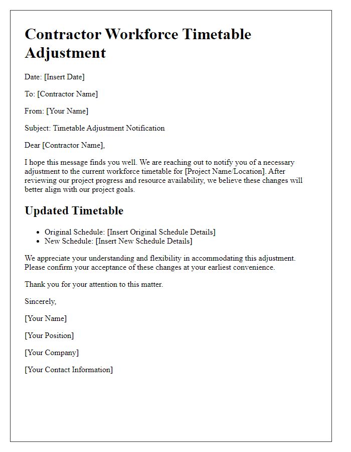 Letter template of contractor workforce timetable adjustment