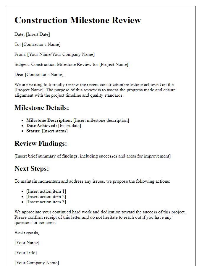 Letter template of Construction Milestone Review for Contractors