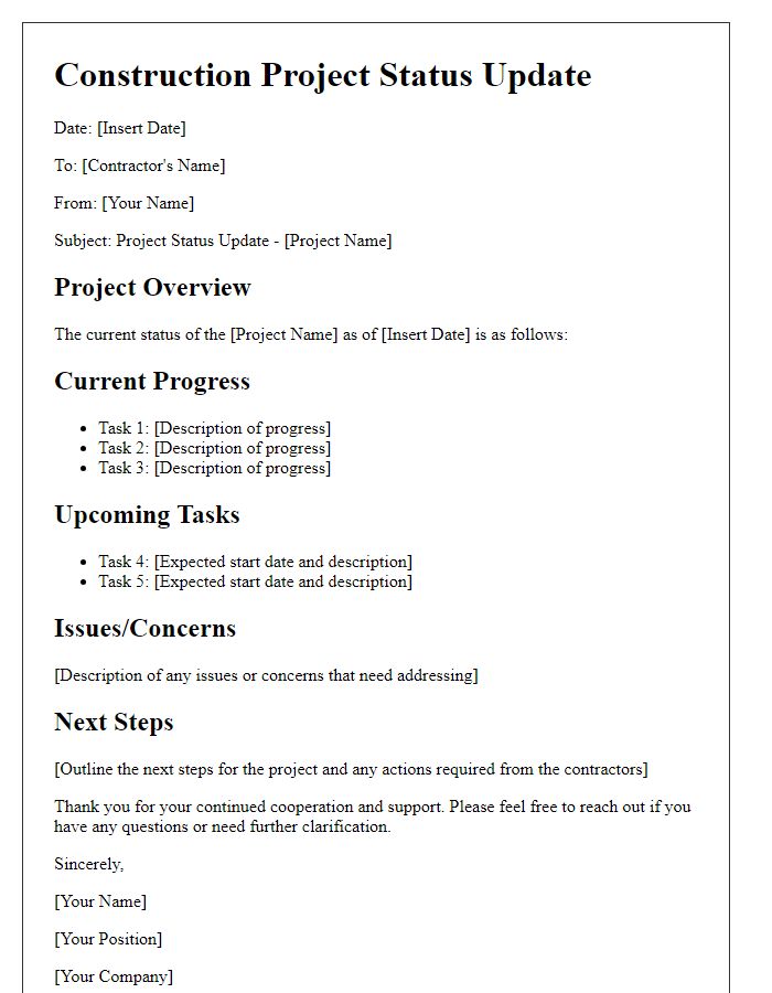 Letter template of Construction Project Status Update for Contractors