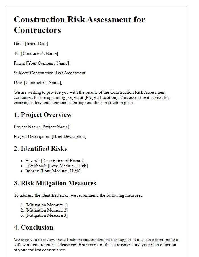 Letter template of Construction Risk Assessment for Contractors