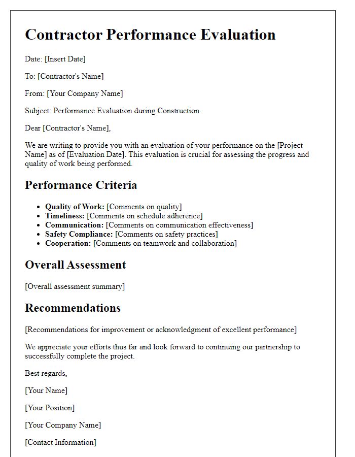 Letter template of Contractor Performance Evaluation during Construction