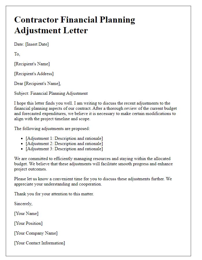 Letter template of contractor financial planning adjustment