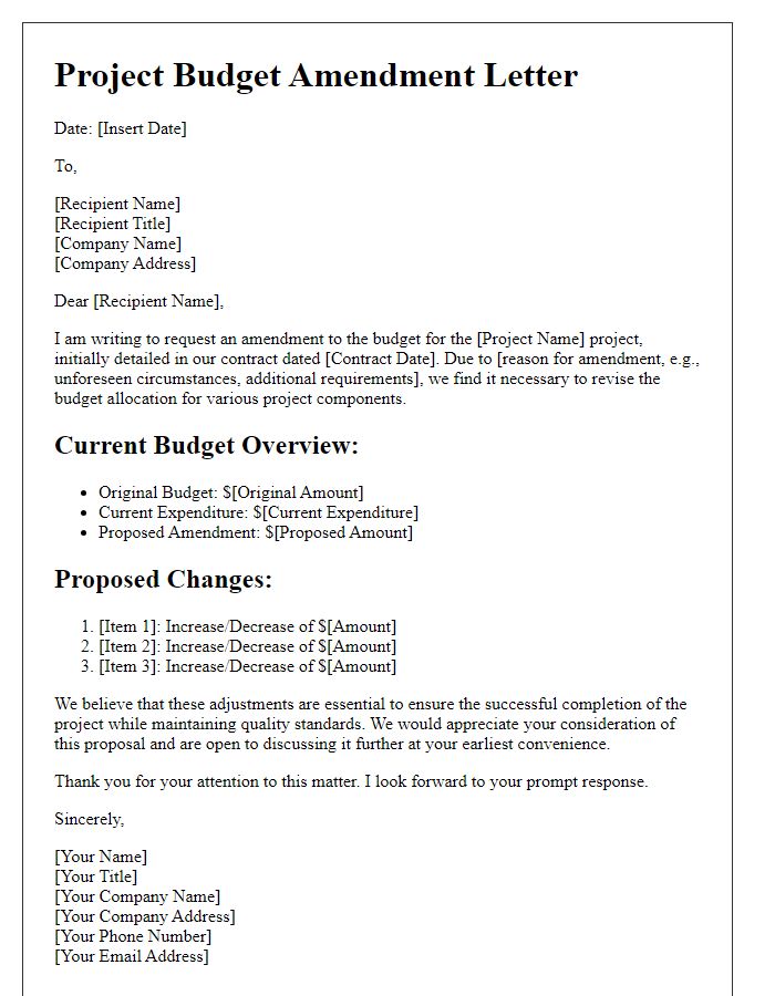 Letter template of contractor project budget amendment