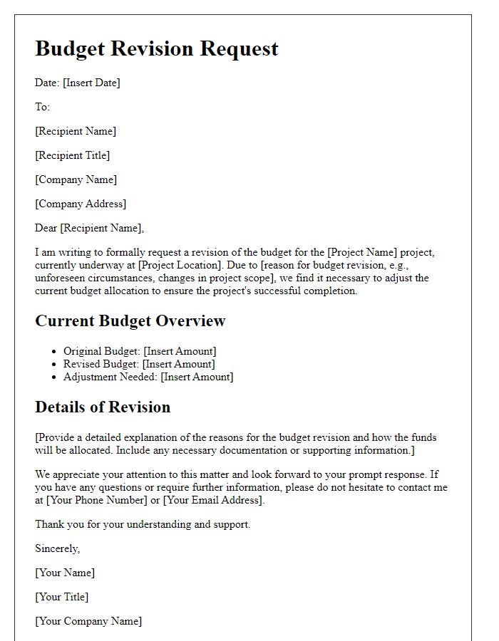 Letter template of contractor project budget revision request