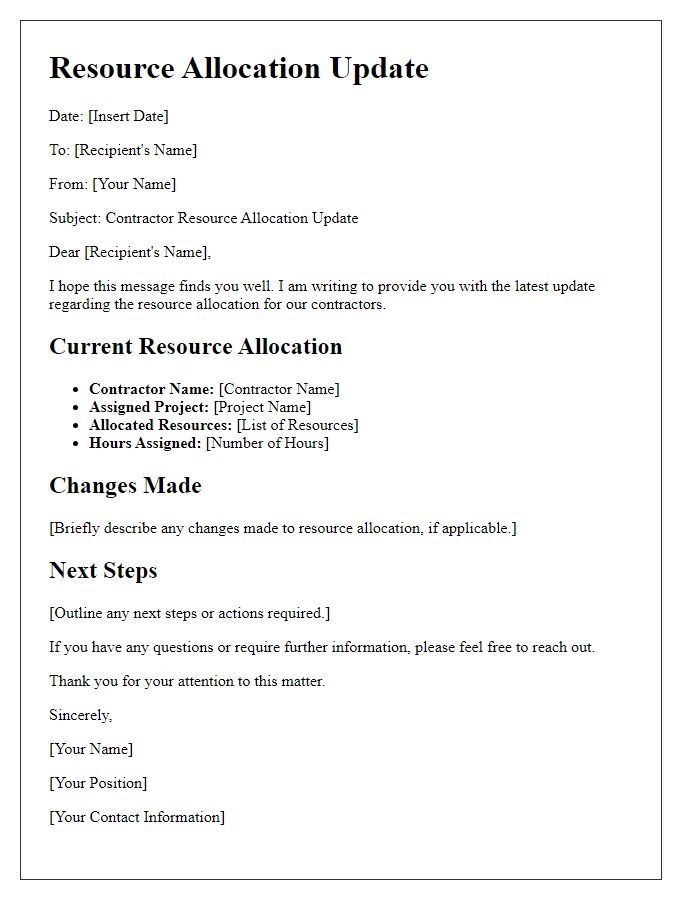 Letter template of contractor resource allocation update