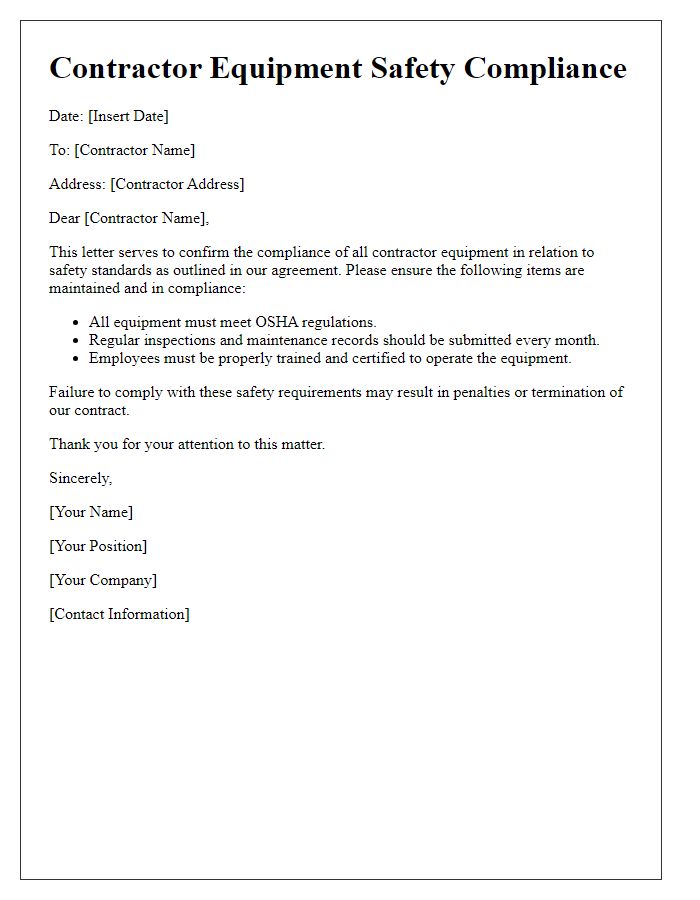 Letter template of contractor equipment safety compliance