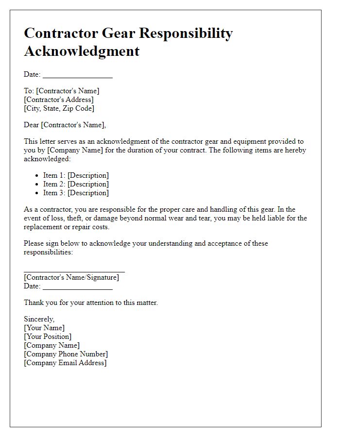 Letter template of contractor gear responsibility acknowledgment