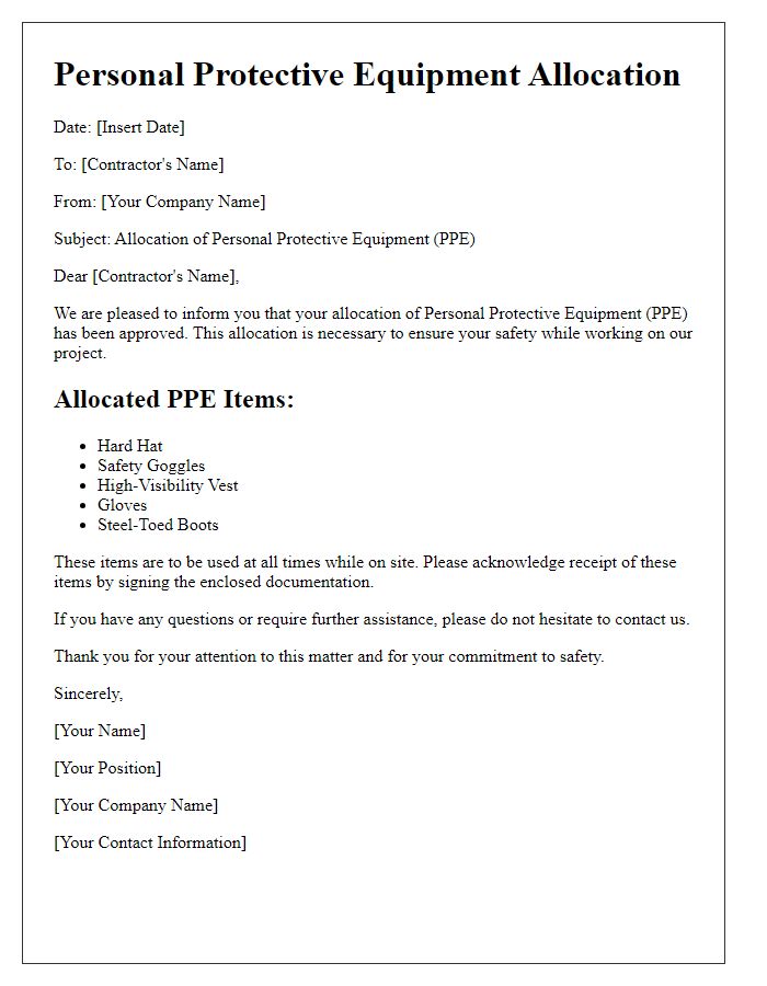 Letter template of contractor personal protective equipment allocation