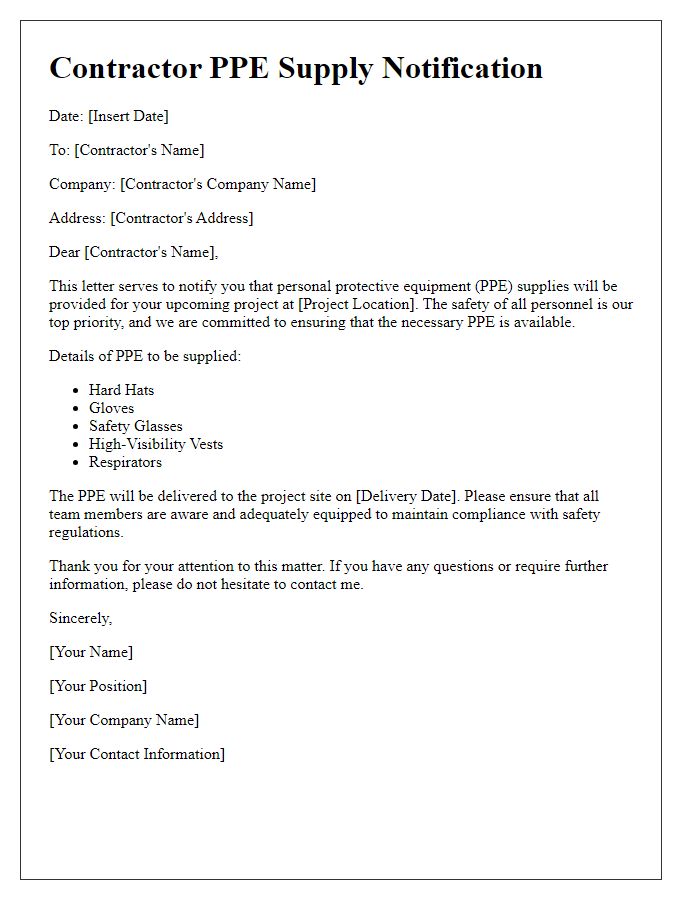 Letter template of contractor PPE supply notification