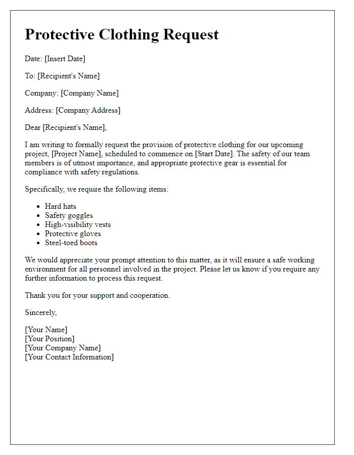 Letter template of contractor protective clothing request