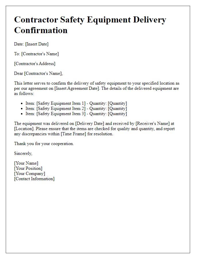 Letter template of contractor safety equipment delivery confirmation