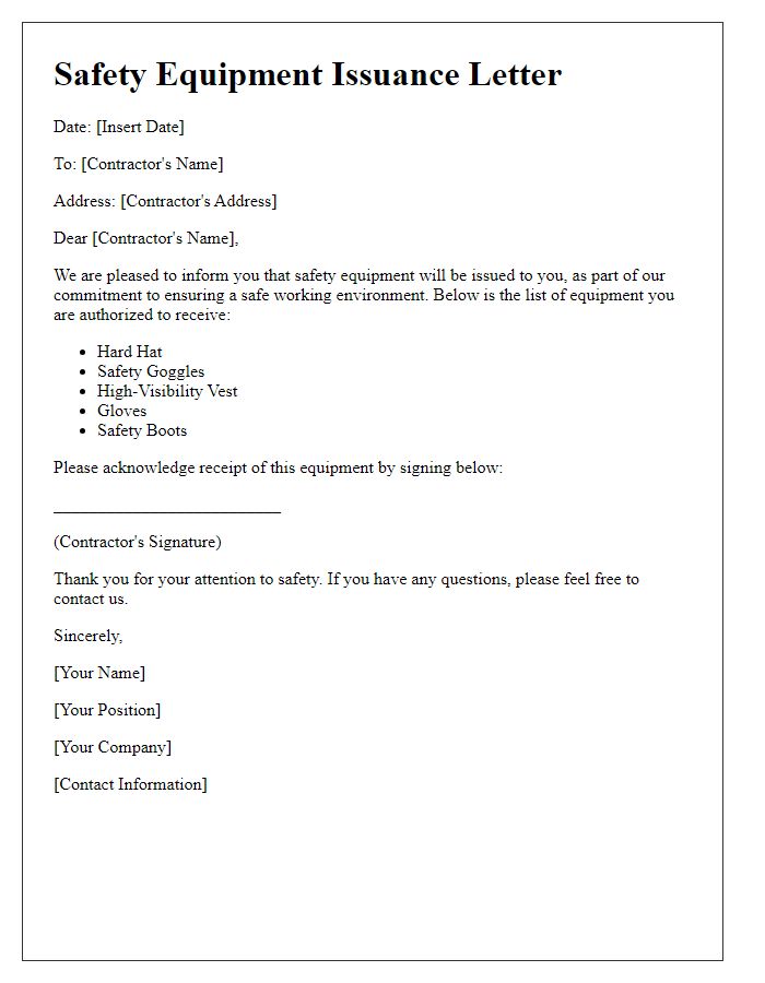 Letter template of contractor safety equipment issuance