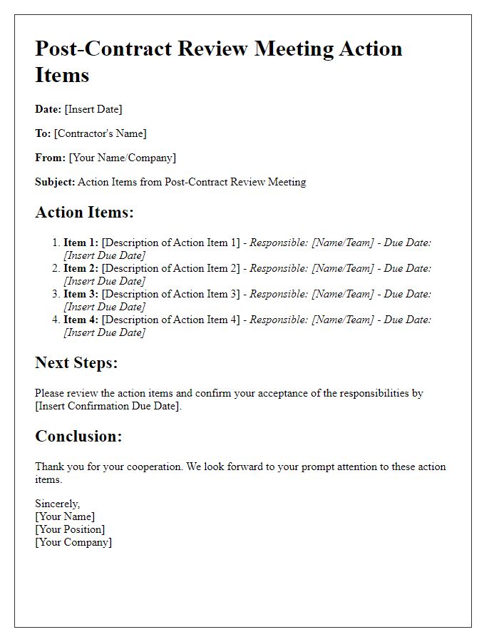 Letter template of contractor post-contract review meeting action items