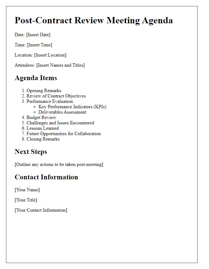 Letter template of contractor post-contract review meeting agenda