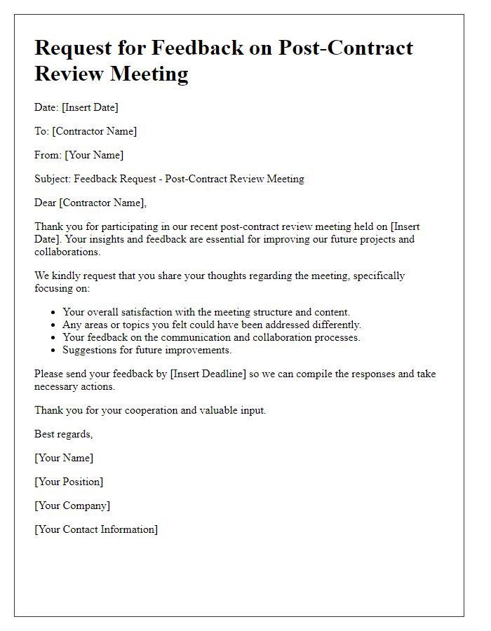 Letter template of contractor post-contract review meeting feedback request