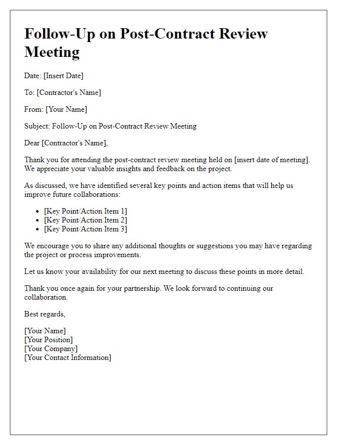 Letter template of contractor post-contract review meeting follow-up