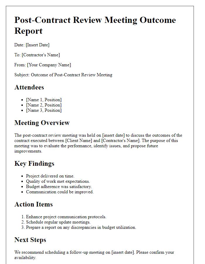 Letter template of contractor post-contract review meeting outcome report