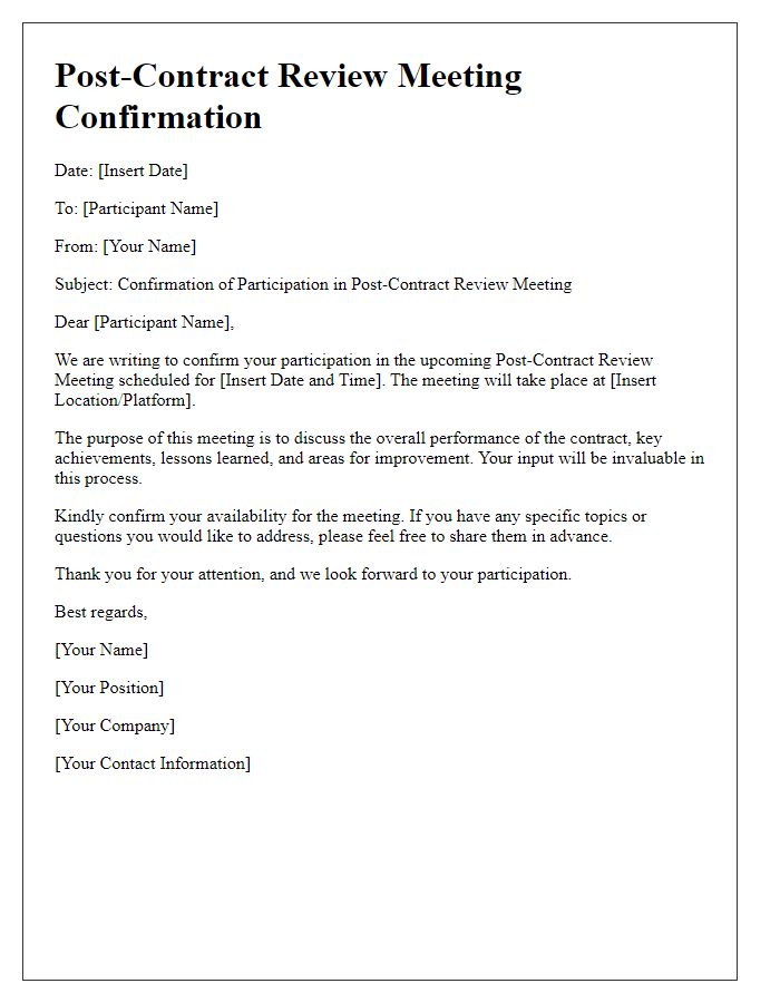 Letter template of contractor post-contract review meeting participant confirmation