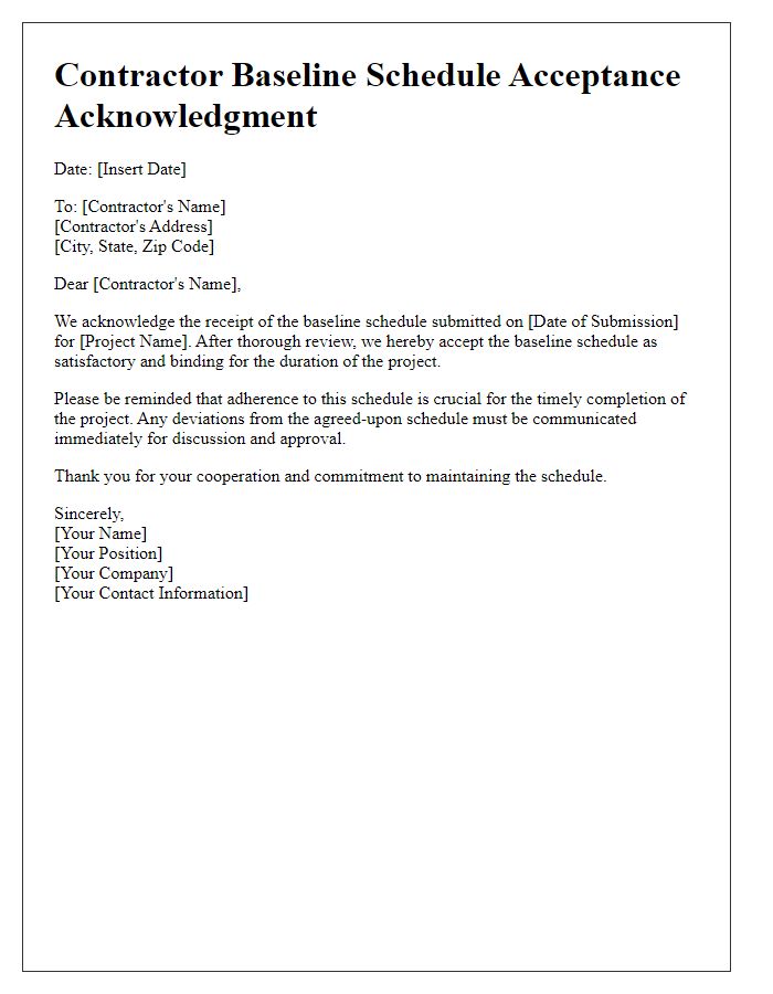 Letter template of contractor baseline schedule acceptance acknowledgment