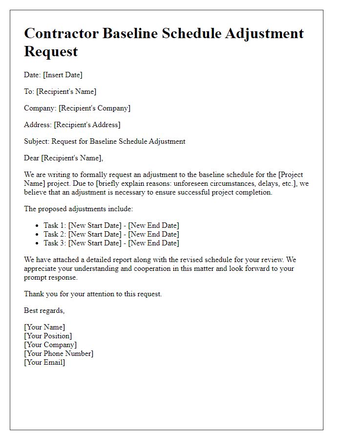 Letter template of contractor baseline schedule adjustment request