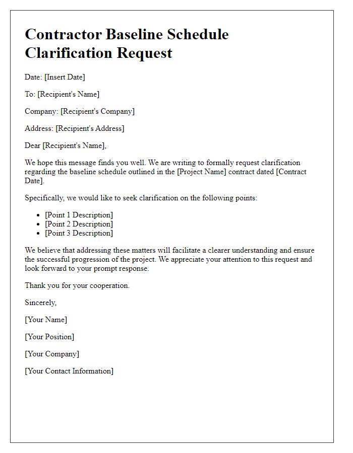 Letter template of contractor baseline schedule clarification request