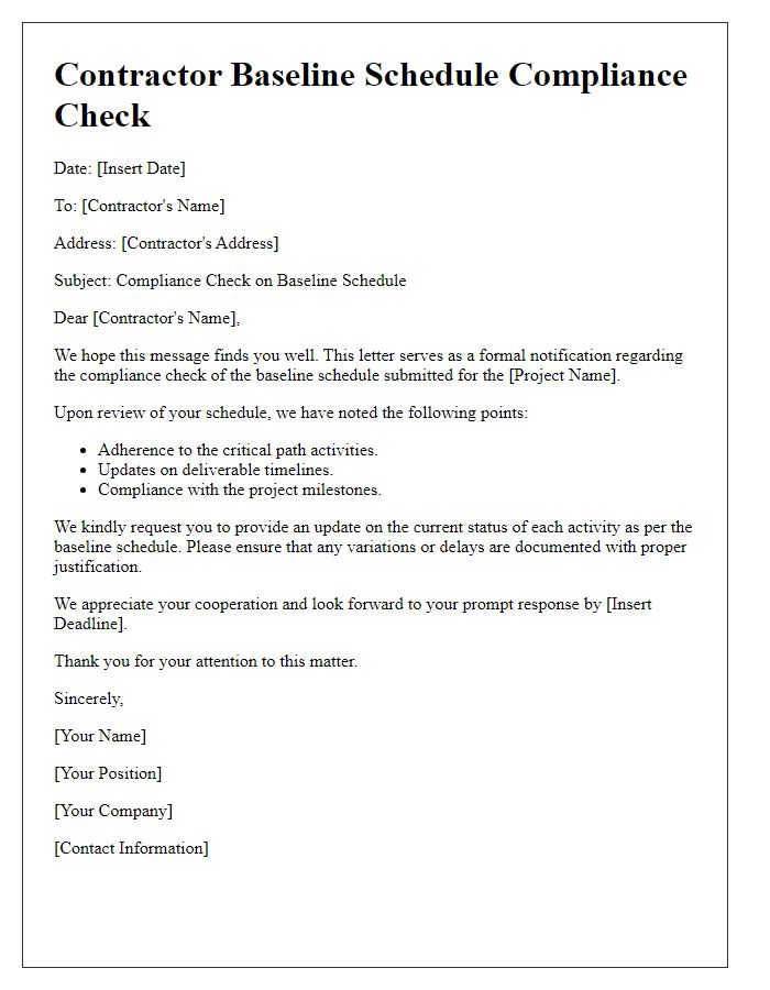 Letter template of contractor baseline schedule compliance check