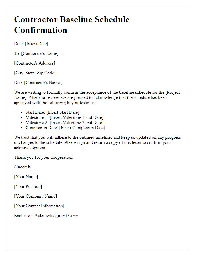 Letter template of contractor baseline schedule confirmation