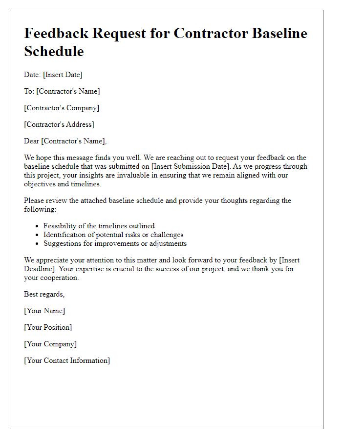 Letter template of contractor baseline schedule feedback request