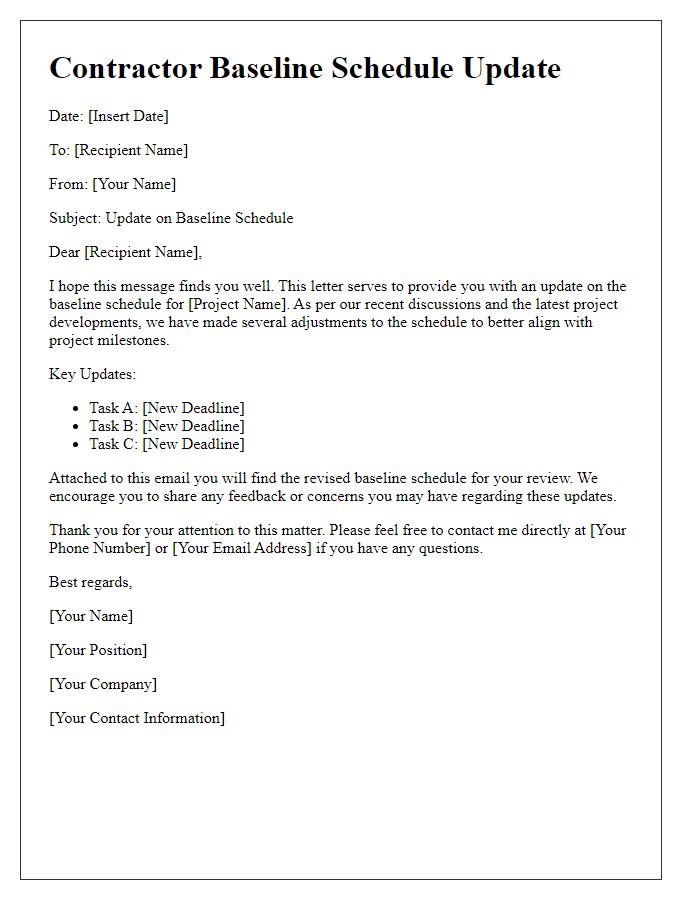 Letter template of contractor baseline schedule update communication