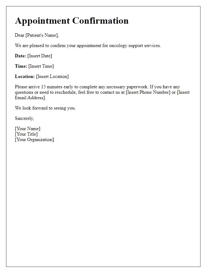 Letter template of appointment confirmation for oncology support