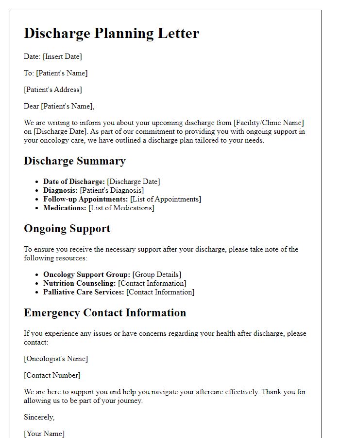 Letter template of discharge planning for ongoing oncology support