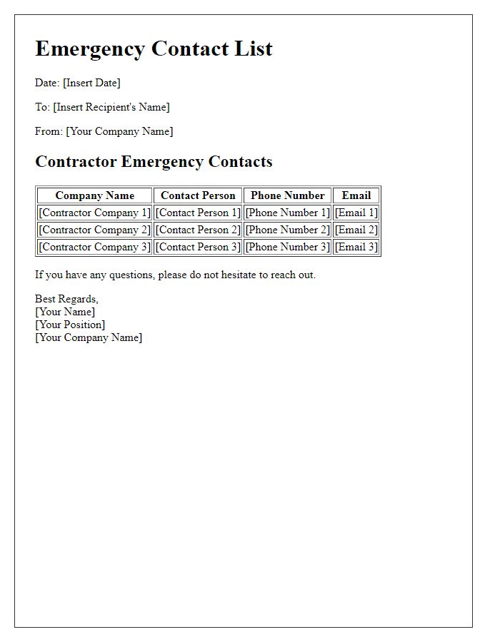 Letter template of contractor emergency contact list.