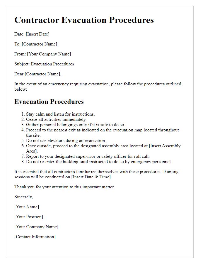 Letter template of contractor evacuation procedures.